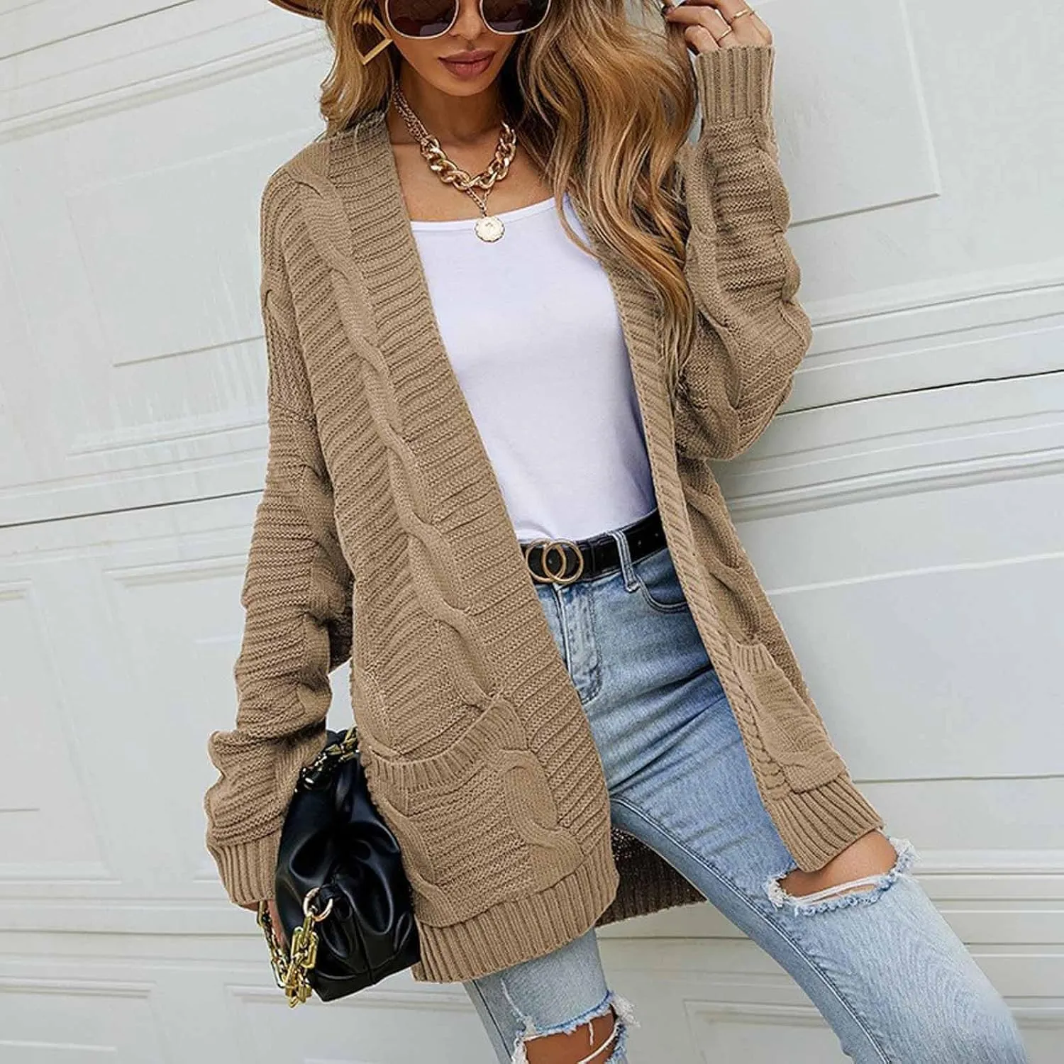 Cardigan Sweaters for Women Long Sleeve Open Front Cable Knit Cardigans with Pockets Dressy Casual Cozy Sweater Coats