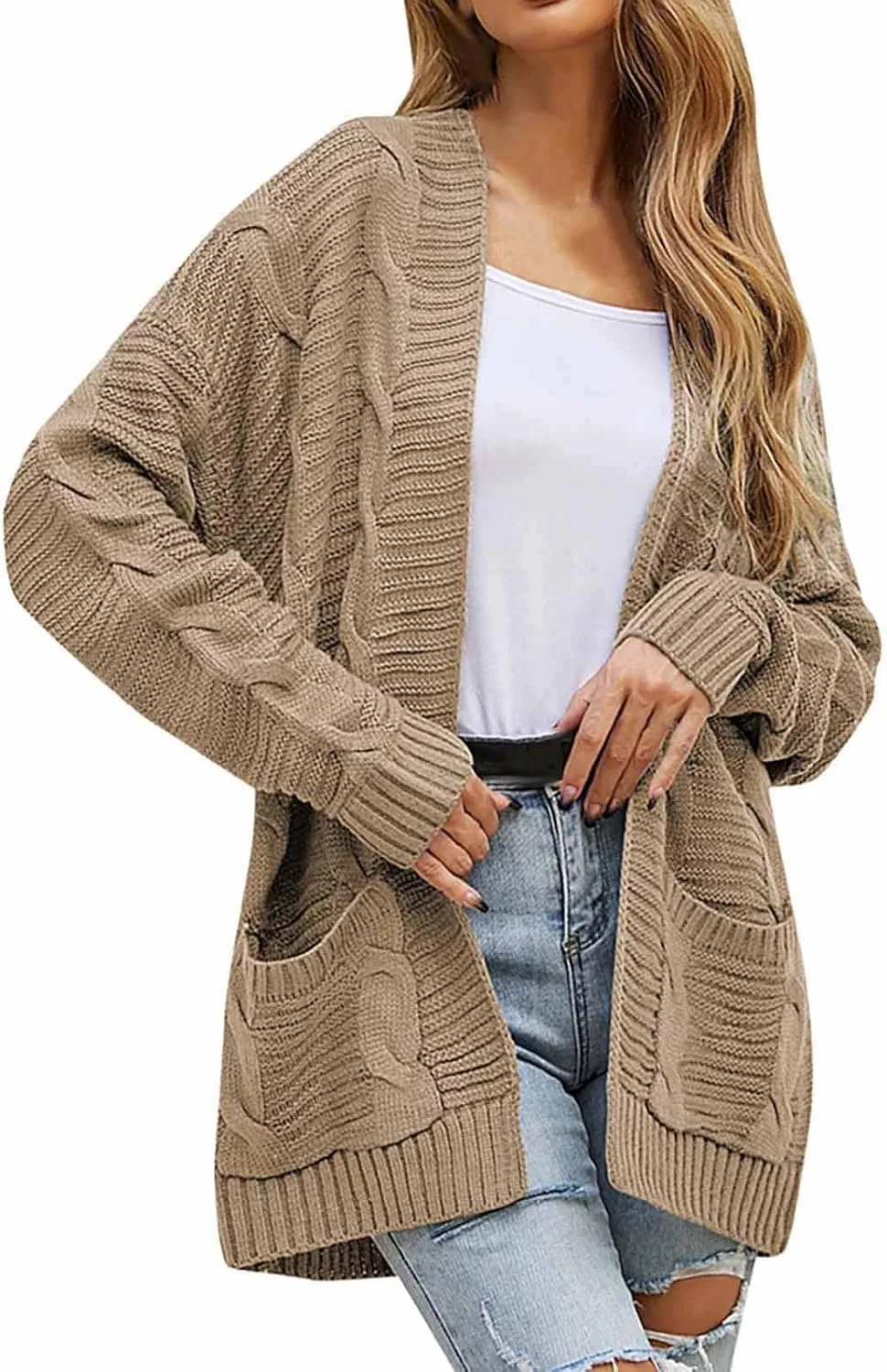 Cardigan Sweaters for Women Long Sleeve Open Front Cable Knit Cardigans with Pockets Dressy Casual Cozy Sweater Coats
