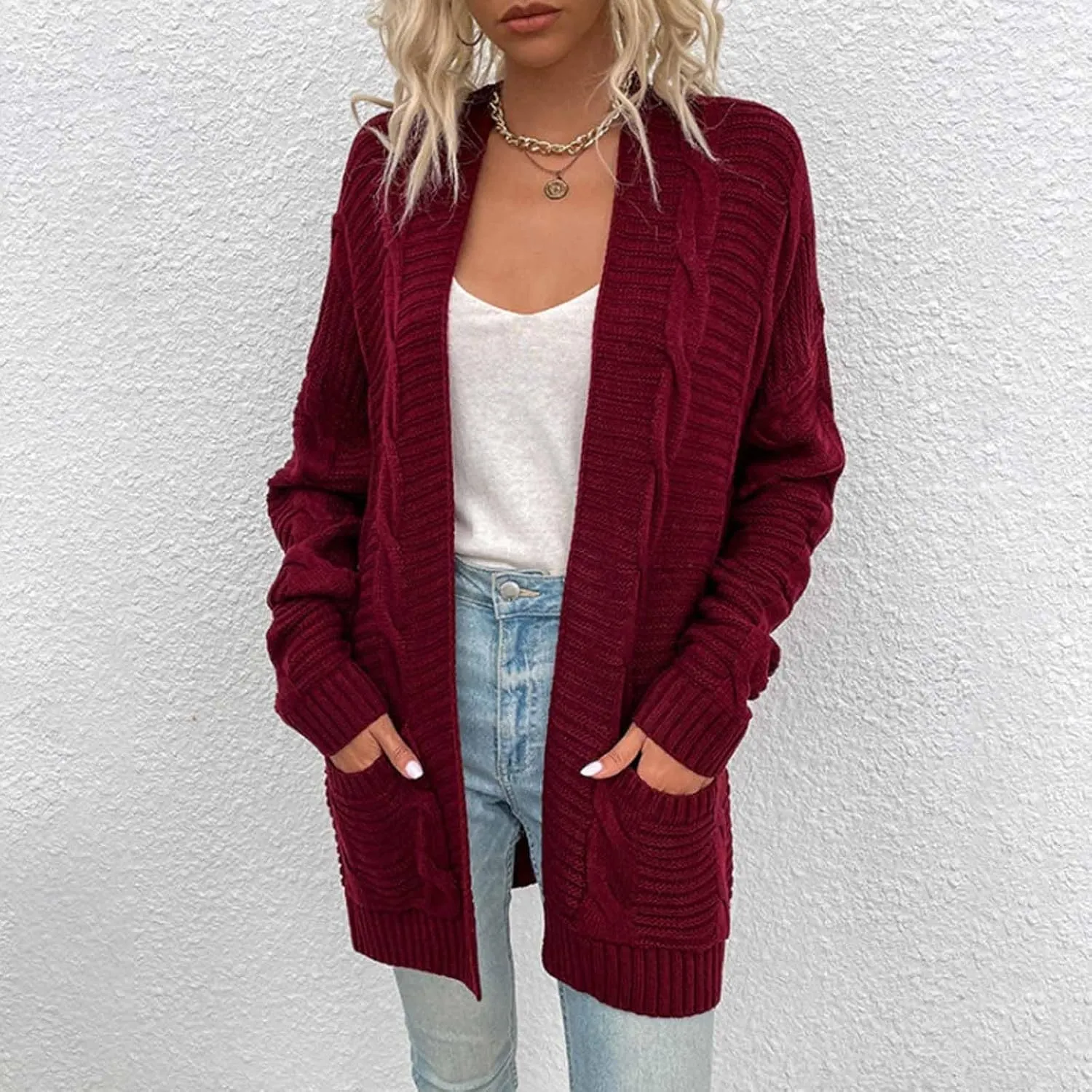 Cardigan Sweaters for Women Long Sleeve Open Front Cable Knit Cardigans with Pockets Dressy Casual Cozy Sweater Coats