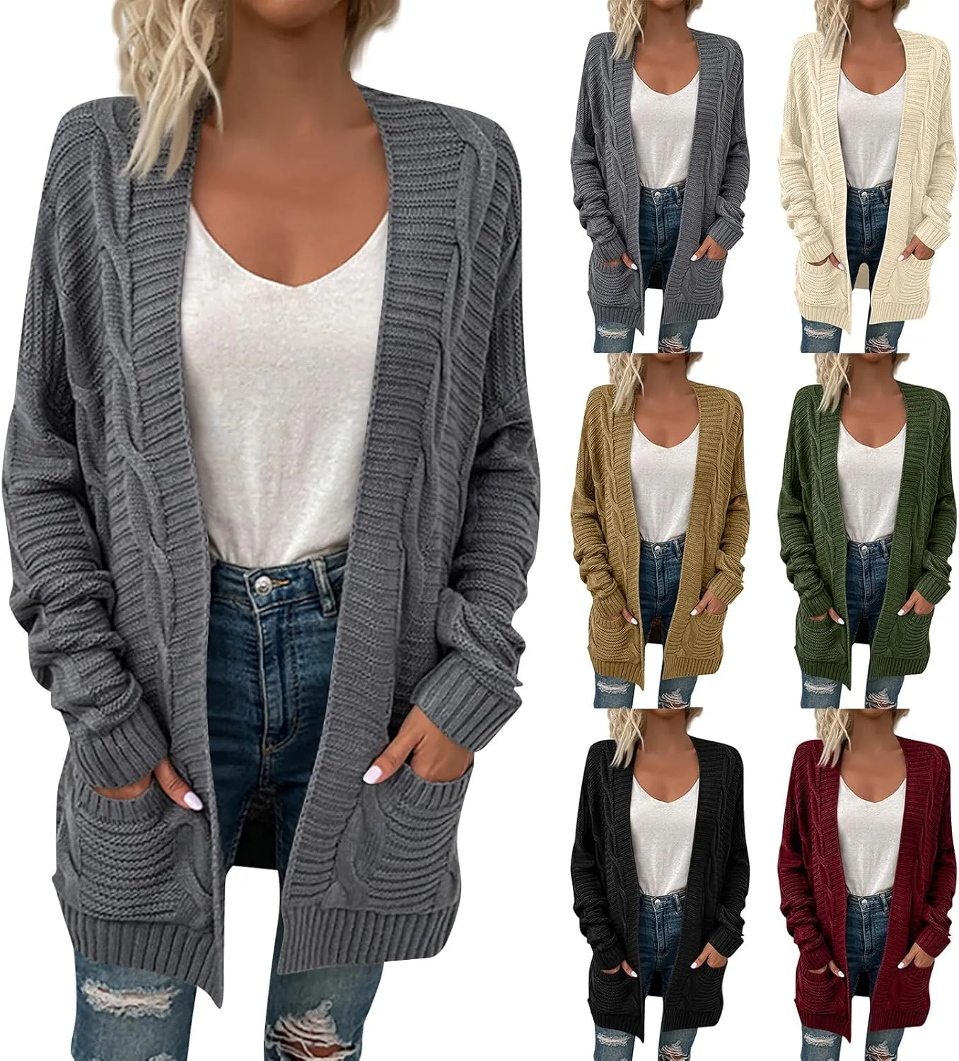 Cardigan Sweaters for Women Long Sleeve Open Front Cable Knit Cardigans with Pockets Dressy Casual Cozy Sweater Coats