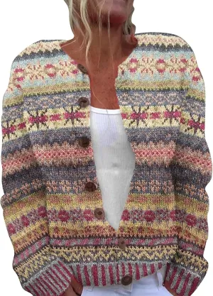 Cardigan Sweaters for Women Trendy Color Block Chunky Knit Open Front Cardigan Casual Button Down Long Sleeve Jacket