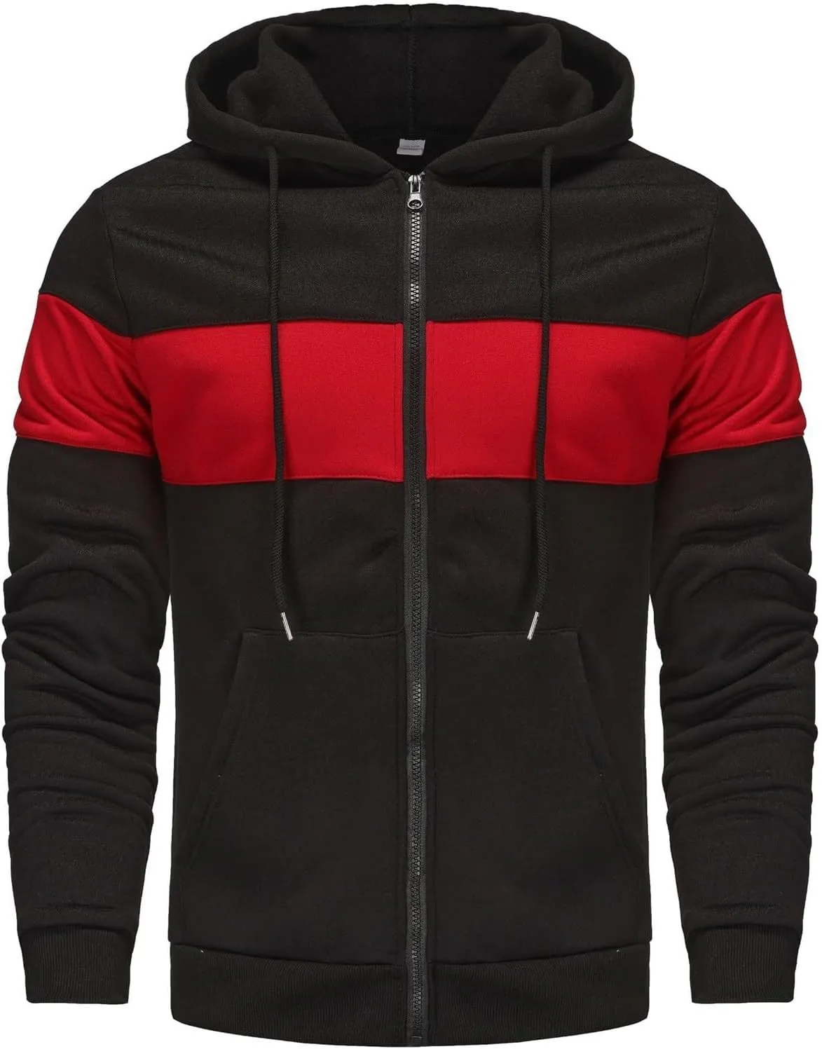 Casual Full Zip Hoodies for Men Long Sleeve Drawstring Hooded Jackets Color Block Workout Sweatshirt Top with Pockets
