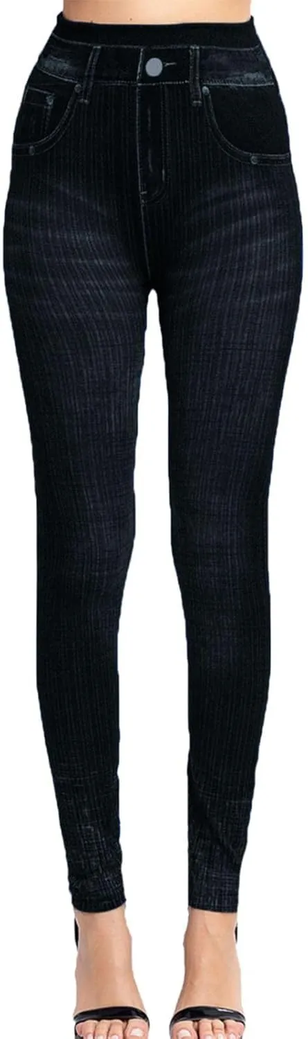 Casual Leggings for Women Simulation Jeans Imitation Denim High Waist Printed Tummy Control Pants Elastic Waist Compression Stretch Causal Tights Funny jumper patterned detachable Bleached Black