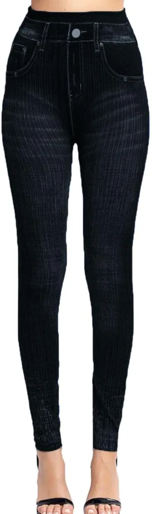 Casual Leggings for Women Simulation Jeans Imitation Denim High Waist Printed Tummy Control Pants Elastic Waist Compression Stretch Causal Tights Funny jumper patterned detachable Bleached Black
