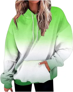 Casual Womens Tie Dye Fleece Hoodies Classic Neon Gradient Sweatshirts Loose Oversized Drawstring Pullover Tops