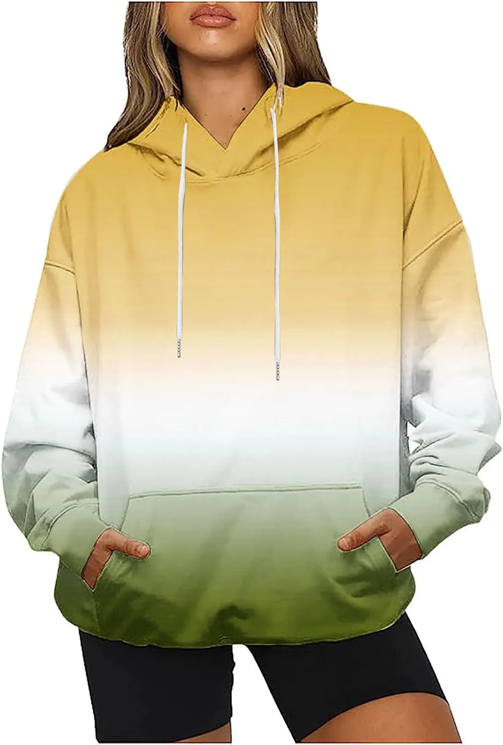 Casual Womens Tie Dye Fleece Hoodies Classic Neon Gradient Sweatshirts Loose Oversized Drawstring Pullover Tops