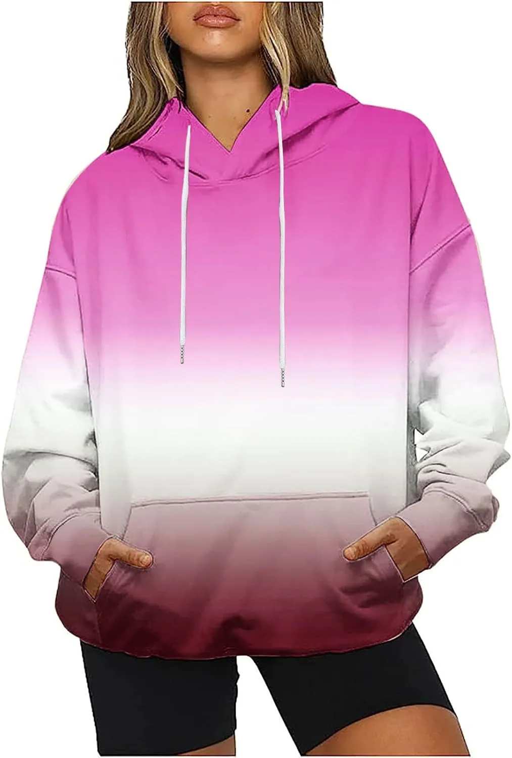 Casual Womens Tie Dye Fleece Hoodies Classic Neon Gradient Sweatshirts Loose Oversized Drawstring Pullover Tops
