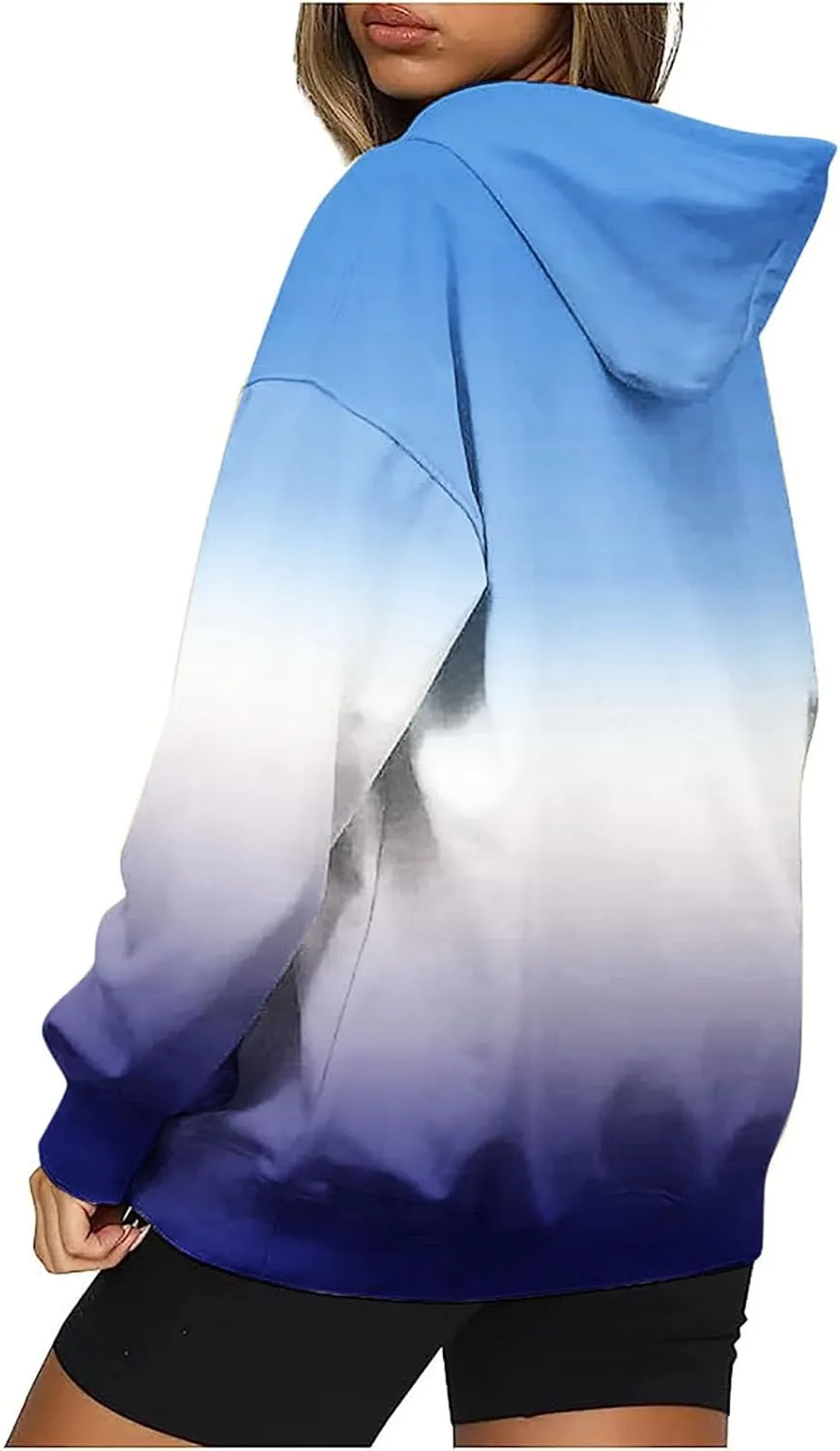 Casual Womens Tie Dye Fleece Hoodies Classic Neon Gradient Sweatshirts Loose Oversized Drawstring Pullover Tops