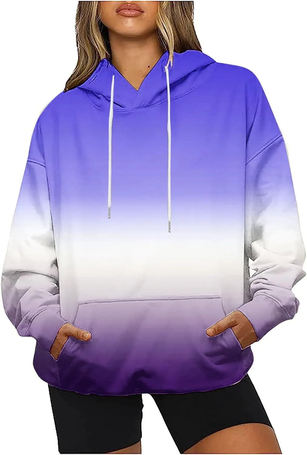 Casual Womens Tie Dye Fleece Hoodies Classic Neon Gradient Sweatshirts Loose Oversized Drawstring Pullover Tops