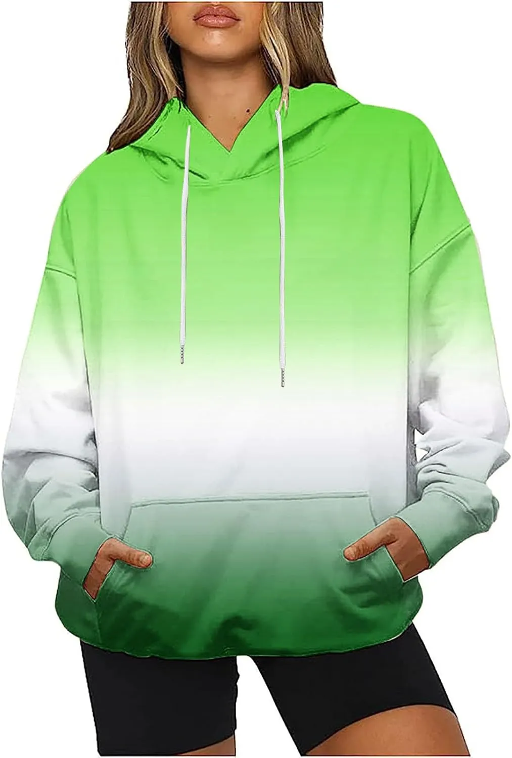 Casual Womens Tie Dye Fleece Hoodies Classic Neon Gradient Sweatshirts Loose Oversized Drawstring Pullover Tops
