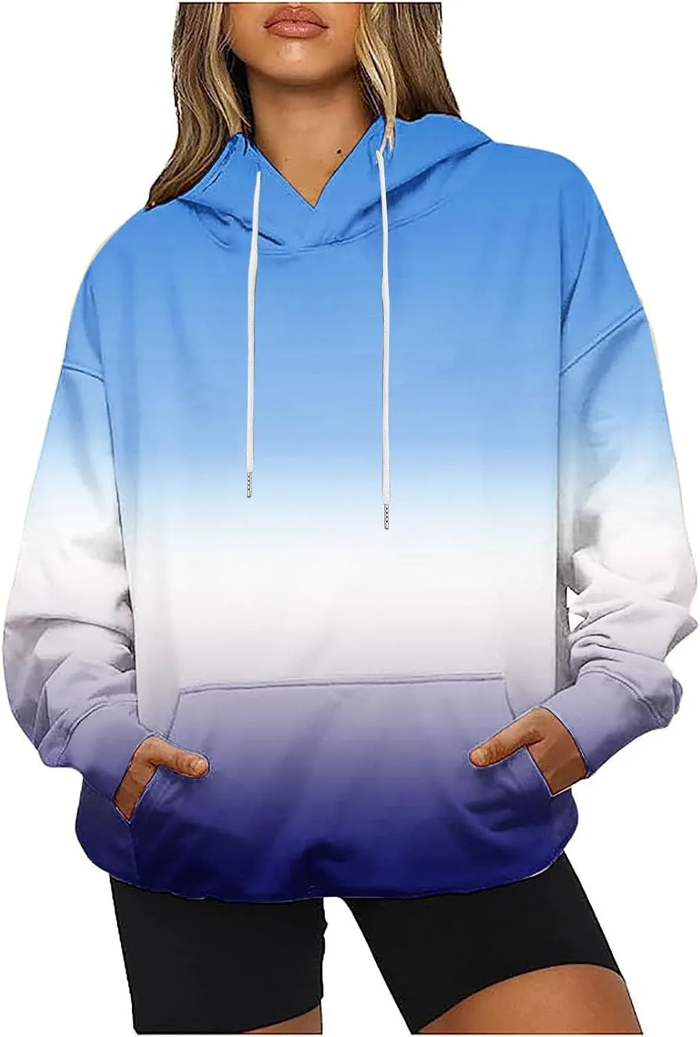Casual Womens Tie Dye Fleece Hoodies Classic Neon Gradient Sweatshirts Loose Oversized Drawstring Pullover Tops