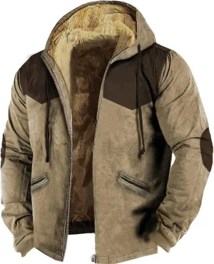 Casual Zip Up Thicken Hoodies for Men Fleece Sherpa Lined Sweatshirt Patchwork Winter Warm Jackets Coats with Pockets