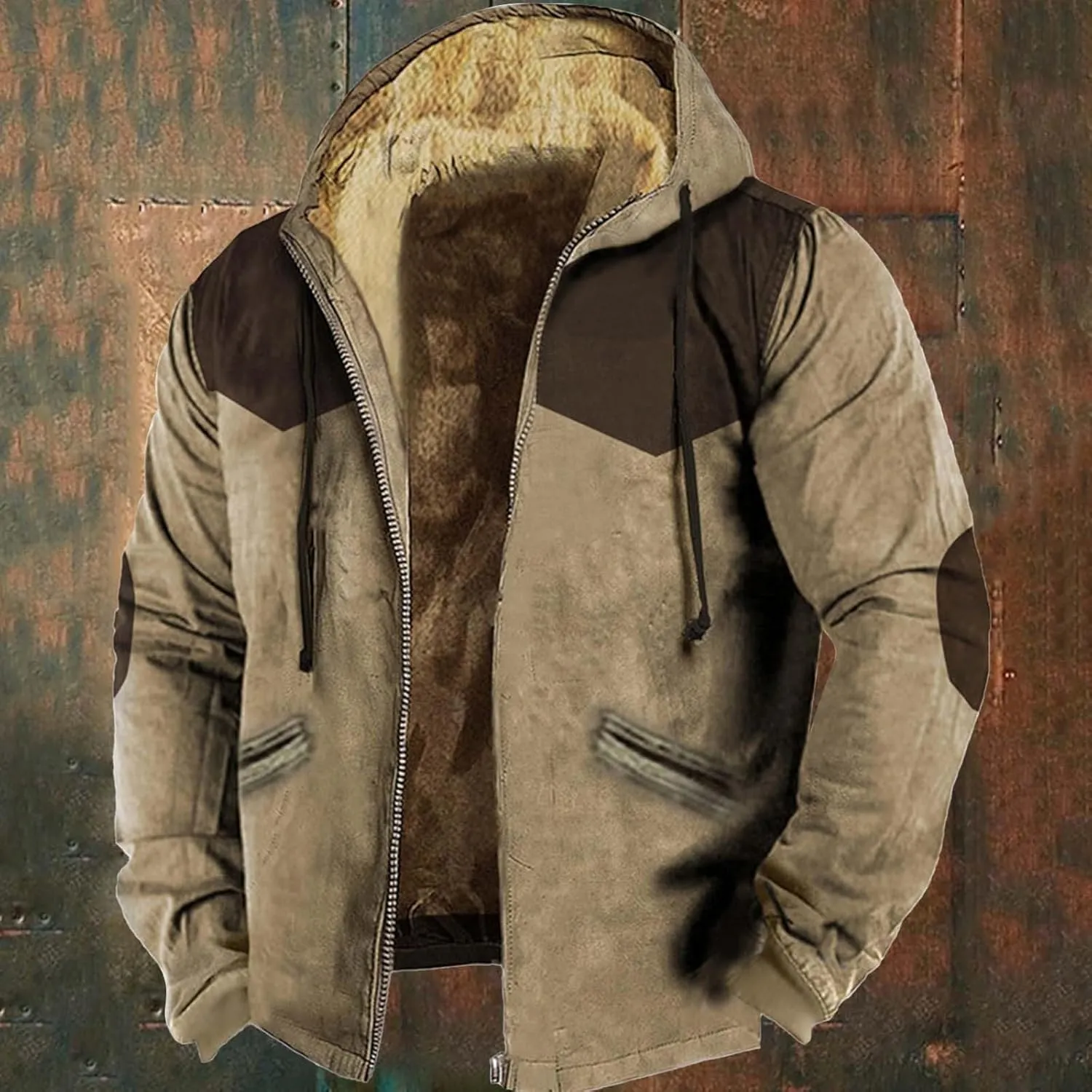 Casual Zip Up Thicken Hoodies for Men Fleece Sherpa Lined Sweatshirt Patchwork Winter Warm Jackets Coats with Pockets