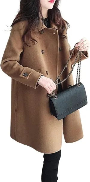 CHARTOU Women's Elegant Double-Breasted Wool Blend Midi-Long Pea Coat Jacket