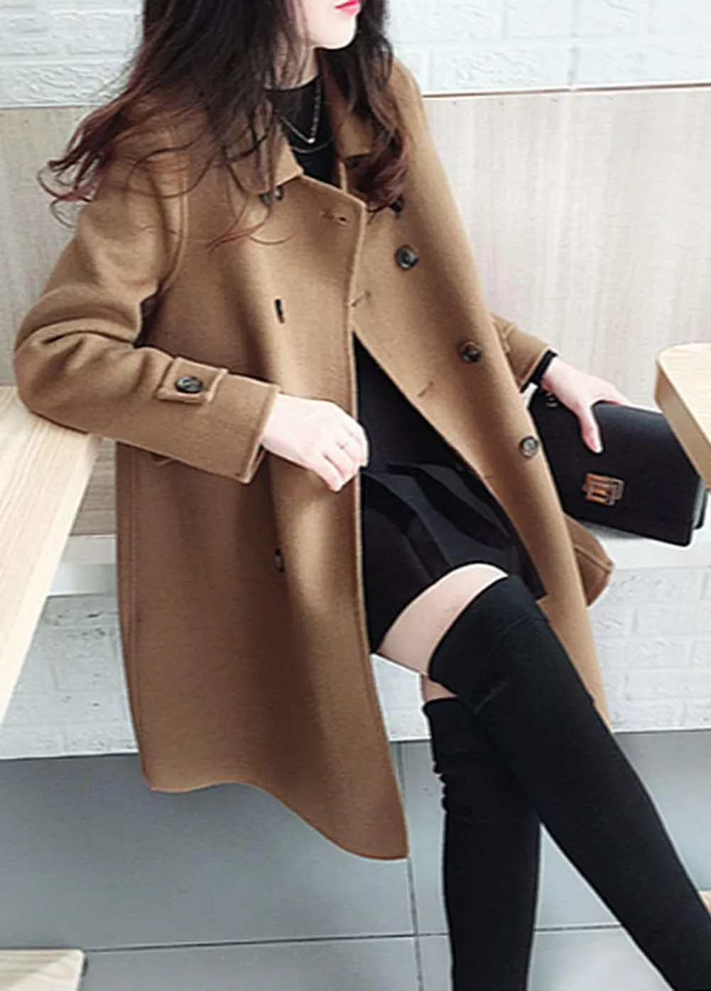 CHARTOU Women's Elegant Double-Breasted Wool Blend Midi-Long Pea Coat Jacket