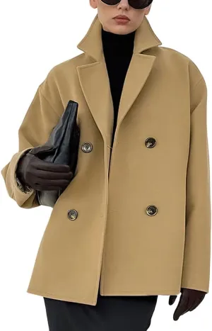 chouyatou Women's Winter Wool Blend Double Breasted Overcoat Notched Lapel Wool Pea Coat with Pockets