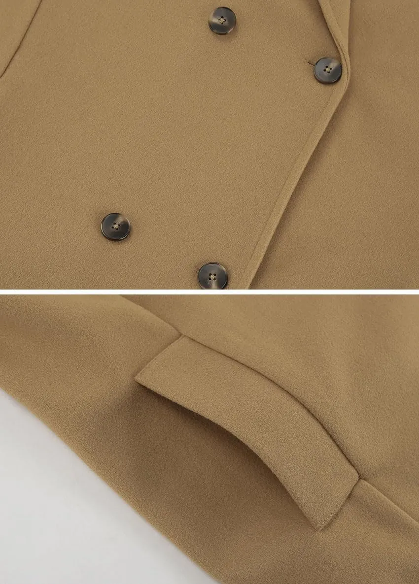 chouyatou Women's Winter Wool Blend Double Breasted Overcoat Notched Lapel Wool Pea Coat with Pockets