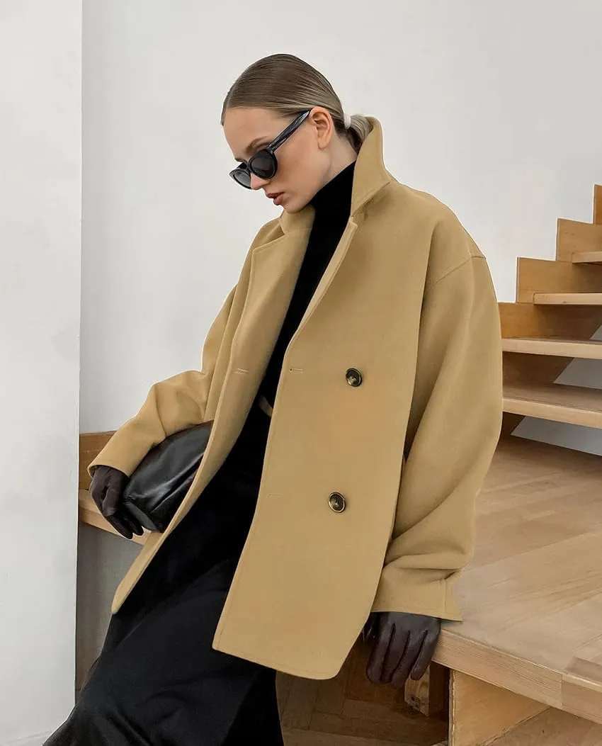 chouyatou Women's Winter Wool Blend Double Breasted Overcoat Notched Lapel Wool Pea Coat with Pockets