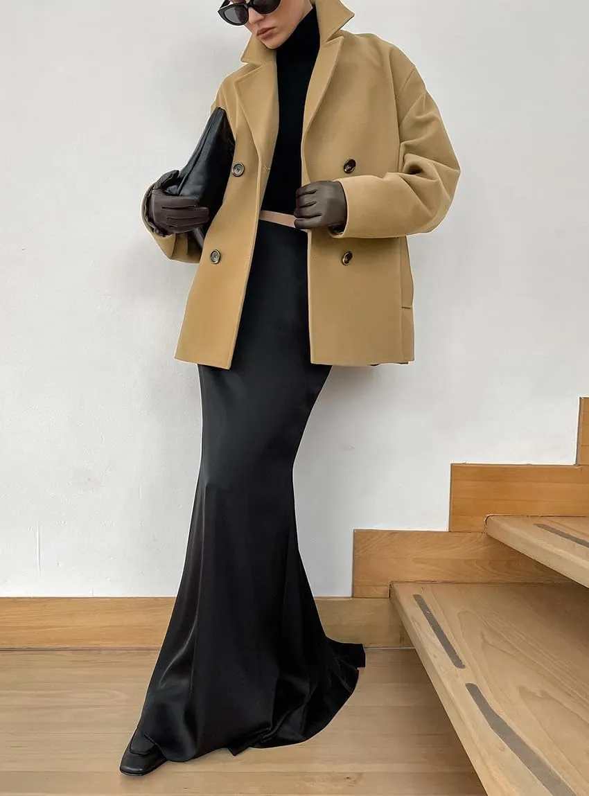 chouyatou Women's Winter Wool Blend Double Breasted Overcoat Notched Lapel Wool Pea Coat with Pockets