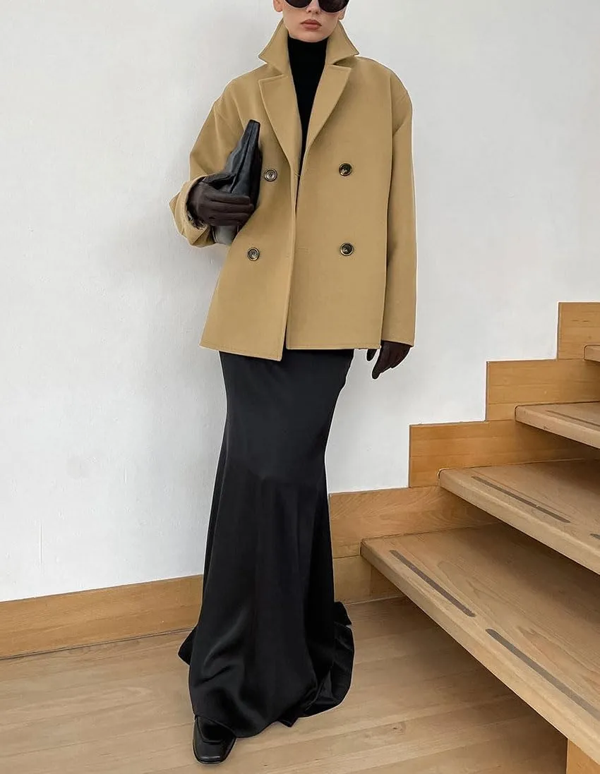chouyatou Women's Winter Wool Blend Double Breasted Overcoat Notched Lapel Wool Pea Coat with Pockets