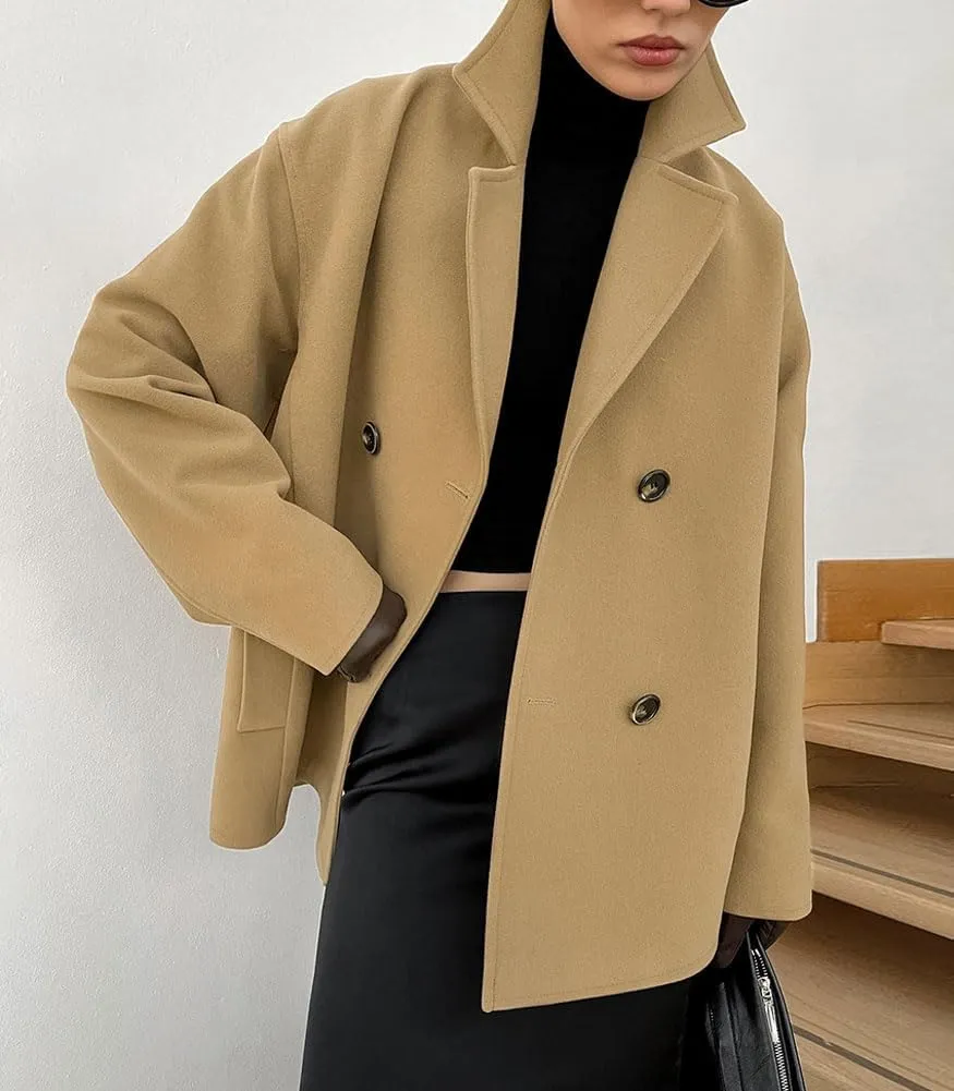 chouyatou Women's Winter Wool Blend Double Breasted Overcoat Notched Lapel Wool Pea Coat with Pockets