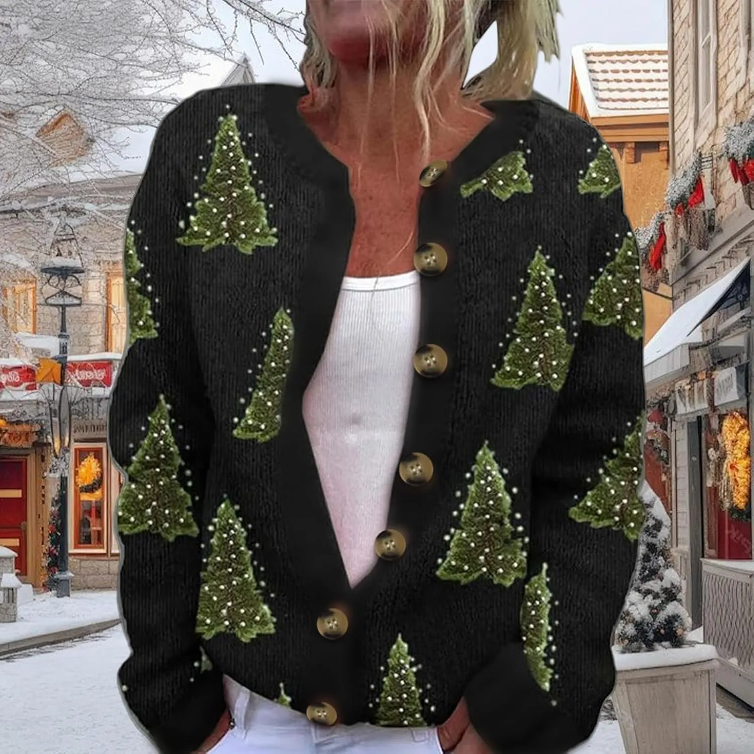 Christmas Cardigan for Women 2024 Ugly Xmas Knit Button Down Open Front Cardigan Sweater Winter Warm Coat Outwaer