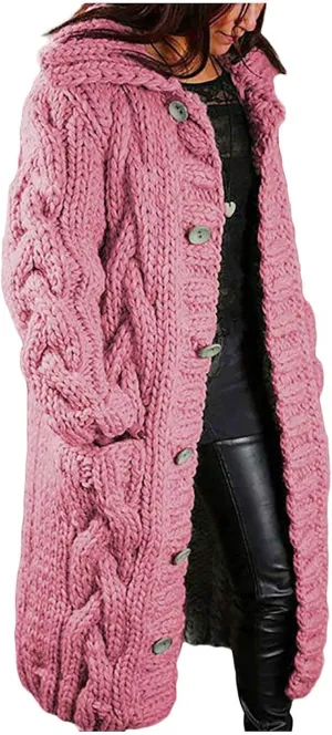 Chunky Cute Sweaters for Women Button Down Solid Color 2023 with Hood Long Pockets Plus Size Cable Knit Work Cardigan