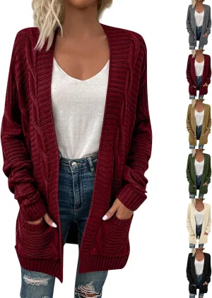 Color Block Cardigan Sweaters for Women Long Sleeve Cardigan Cable Knit Open Front Cardigan with Pockets