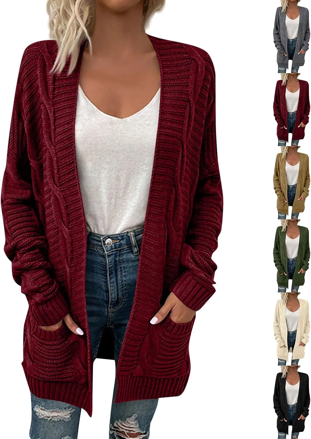Color Block Cardigan Sweaters for Women Long Sleeve Cardigan Cable Knit Open Front Cardigan with Pockets