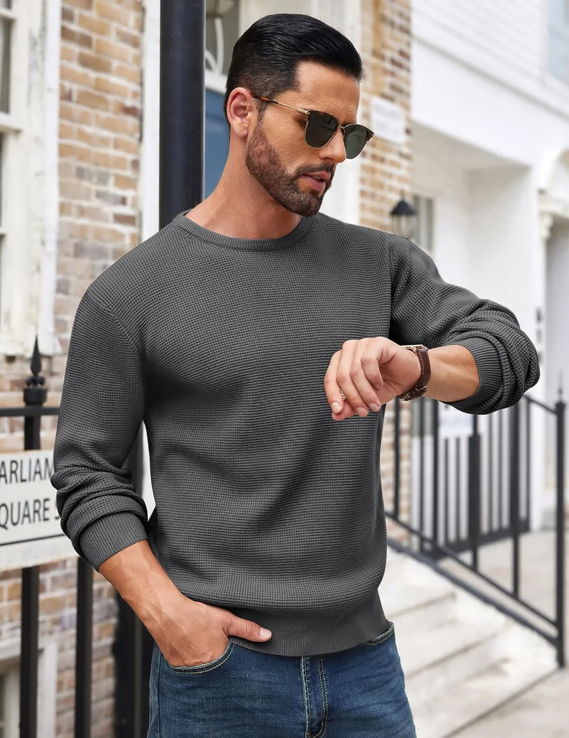 COOFANDY Men's Crewneck Sweater Waffle Textured Pullover Sweaters Soft Midweight Knitted Sweaters