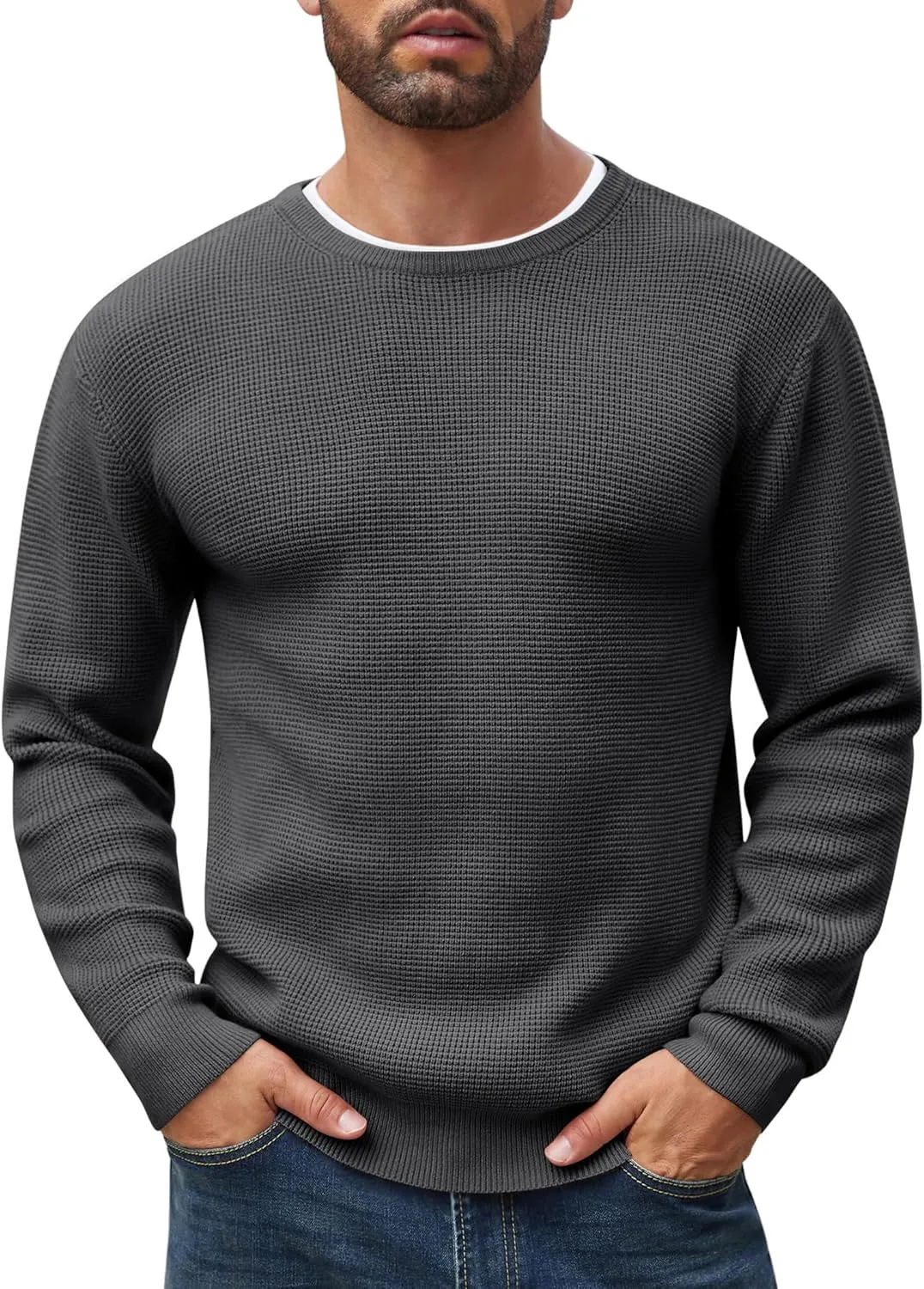 COOFANDY Men's Crewneck Sweater Waffle Textured Pullover Sweaters Soft Midweight Knitted Sweaters