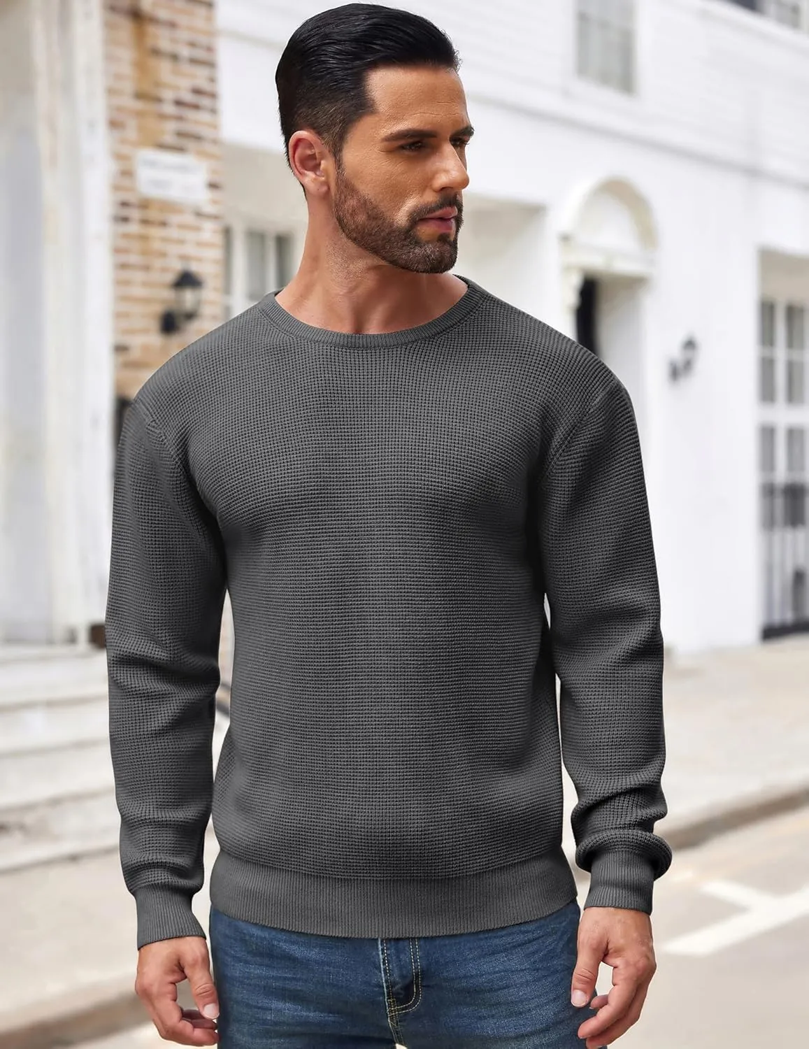 COOFANDY Men's Crewneck Sweater Waffle Textured Pullover Sweaters Soft Midweight Knitted Sweaters