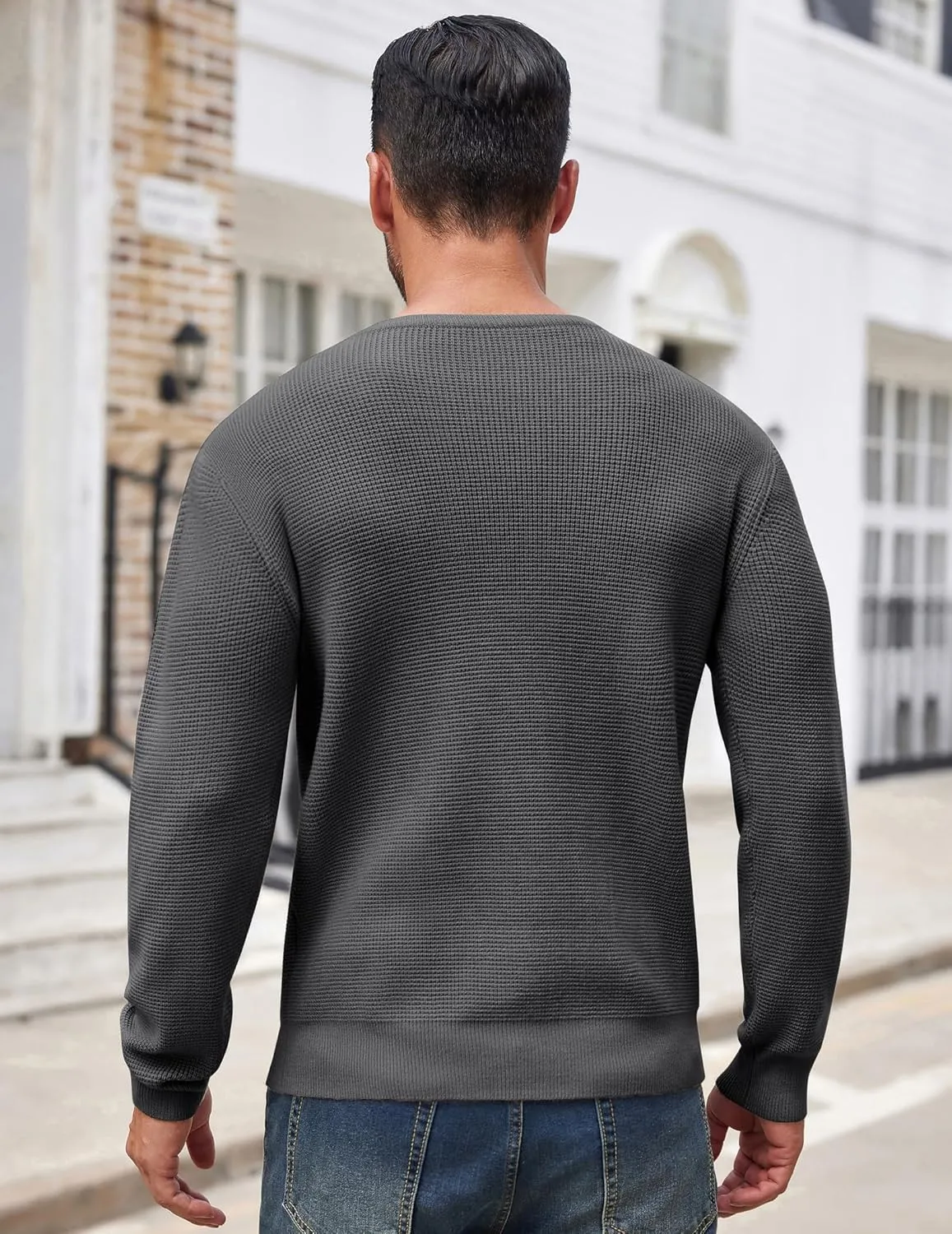 COOFANDY Men's Crewneck Sweater Waffle Textured Pullover Sweaters Soft Midweight Knitted Sweaters