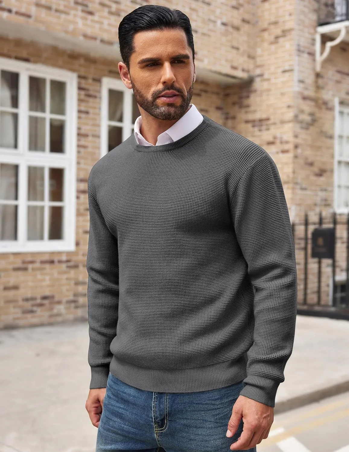 COOFANDY Men's Crewneck Sweater Waffle Textured Pullover Sweaters Soft Midweight Knitted Sweaters