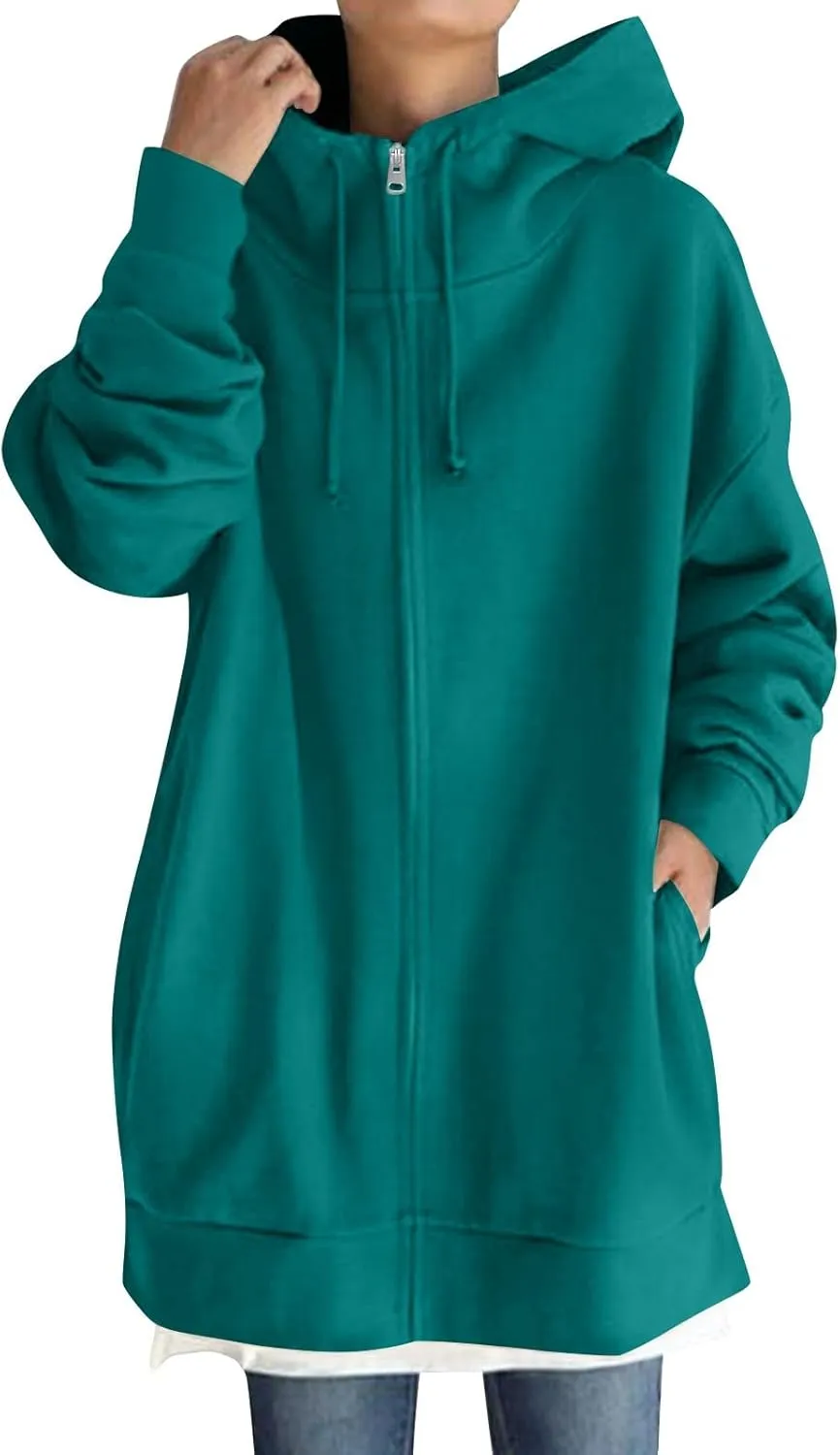 COTECRAM Women's Zip Up Hoodies Oversized Long Sleeve Fall Hooded Sweatshirts Casual Long Fleece Jacket Coats with Pockets