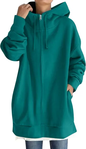 COTECRAM Women's Zip Up Hoodies Oversized Long Sleeve Fall Hooded Sweatshirts Casual Long Fleece Jacket Coats with Pockets