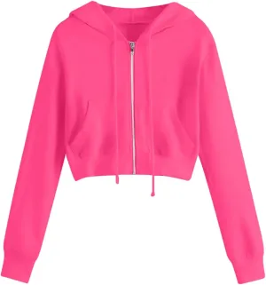 Cropped Hooded Sweatshirts for Women Fleece Full Zip Up Hoodies 90S Long Sleeve Y2k Clothes Jacket Top with Pockets