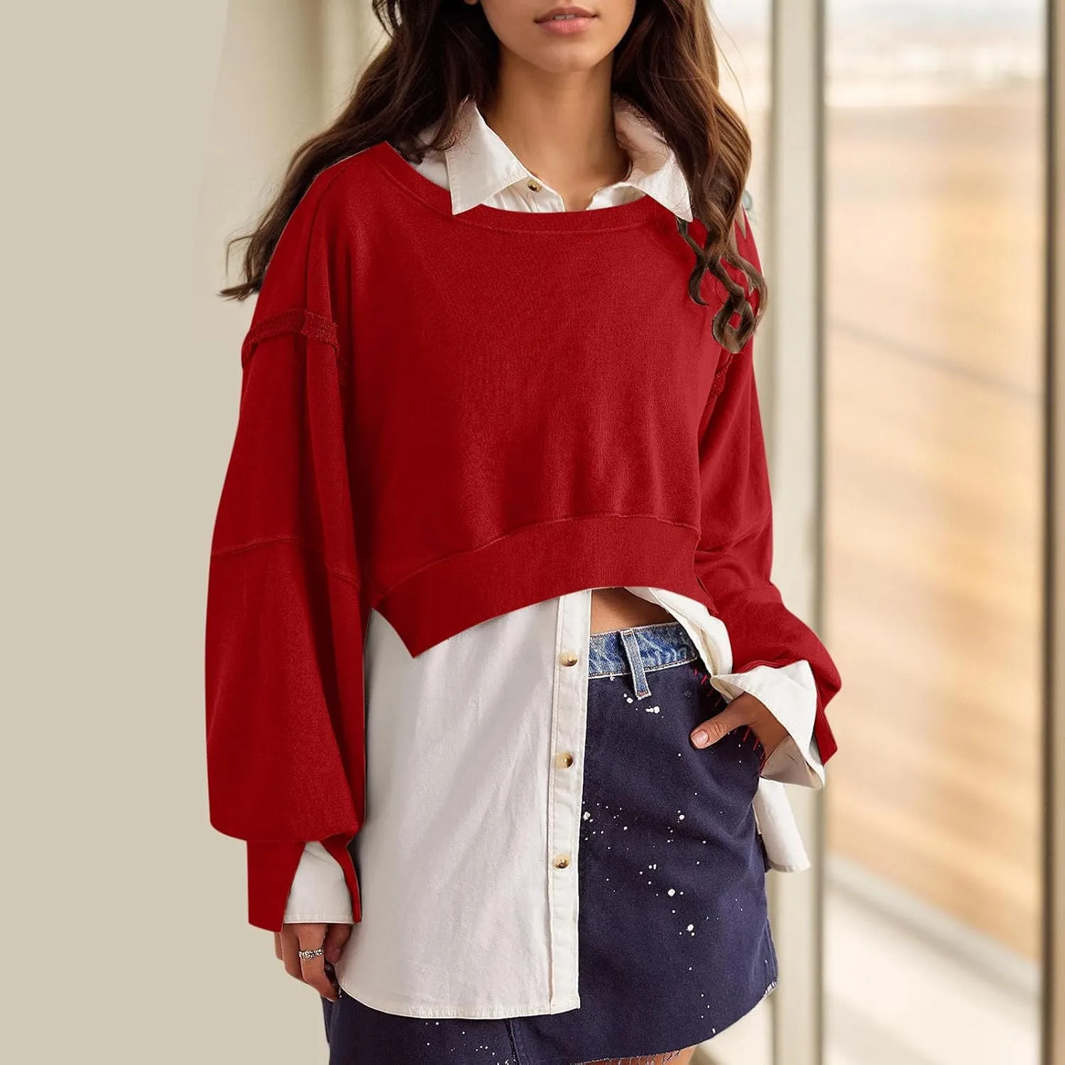Cropped Sweatshirt For Women Fashion 2024 Casual Long Sleeve Crewneck Oversized Pullover Sweatshirts Fall y2k Clothes