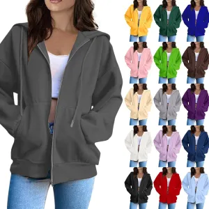 Cropped Zip Up Hoodie Women Fleece Lined Drawstring Solid Color Hoodies Pullover Comfort Oversized Tunic Sweatshirt