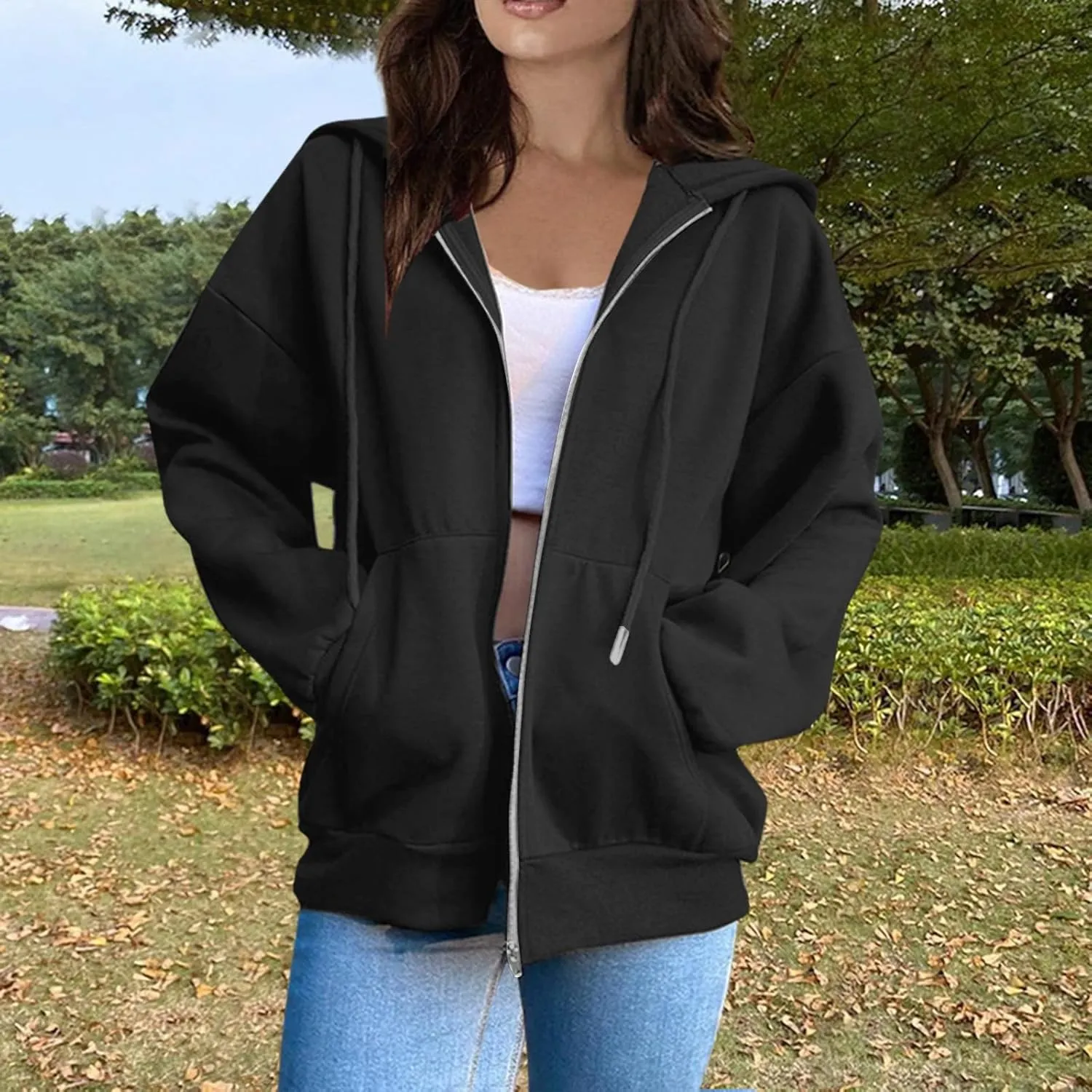 Cropped Zip Up Hoodie Women Fleece Lined Drawstring Solid Color Hoodies Pullover Comfort Oversized Tunic Sweatshirt