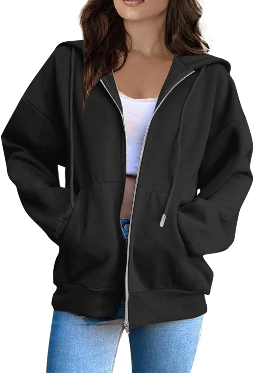 Cropped Zip Up Hoodie Women Fleece Lined Drawstring Solid Color Hoodies Pullover Comfort Oversized Tunic Sweatshirt