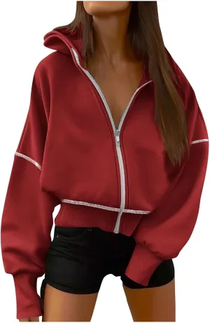 Drop Shoulder Zip Up Hoodies for Women Y2K Cropped Sweatshirt Jackets Winter Casual Loose Fit Fashion Fleece Outwear