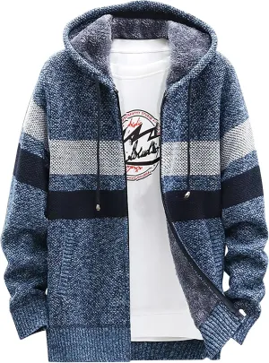 DuDubaby Men's Fall And Winter Casual Sweater Jacket Warm Knit Sweater Hooded Hoodie