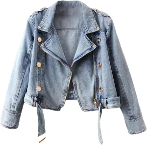 Dvbfufv Women's Spring Zipper Long Sleeve Denim Coat Women's Casual Cropped Denim Tops Female Motorcycle Jackets
