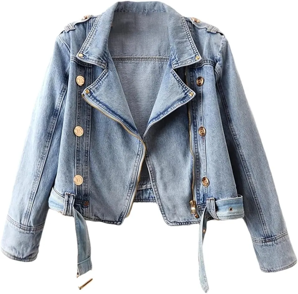 Dvbfufv Women's Spring Zipper Long Sleeve Denim Coat Women's Casual Cropped Denim Tops Female Motorcycle Jackets