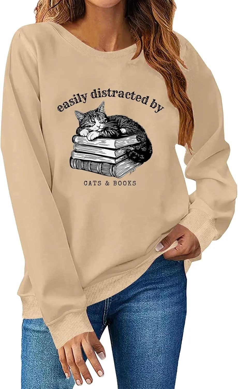 Easily Distracted By Cats And Books Sweatshirt for Women Long Sleeve Crewneck Oversized Pullower 2025 Trendy Tops