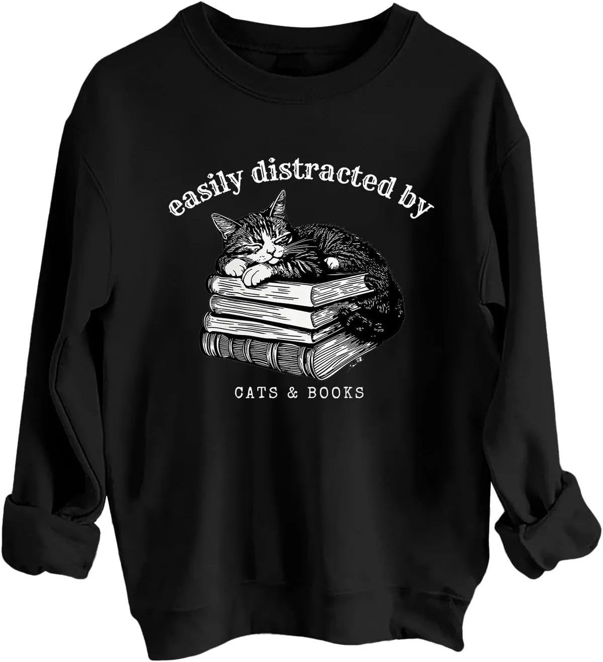 Easily Distracted By Cats And Books Sweatshirt for Women Long Sleeve Crewneck Oversized Pullower 2025 Trendy Tops