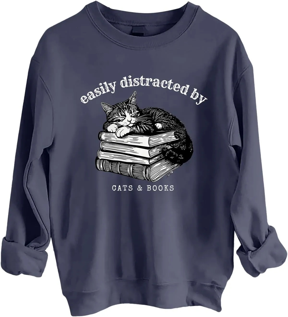 Easily Distracted By Cats And Books Sweatshirt for Women Long Sleeve Crewneck Oversized Pullower 2025 Trendy Tops