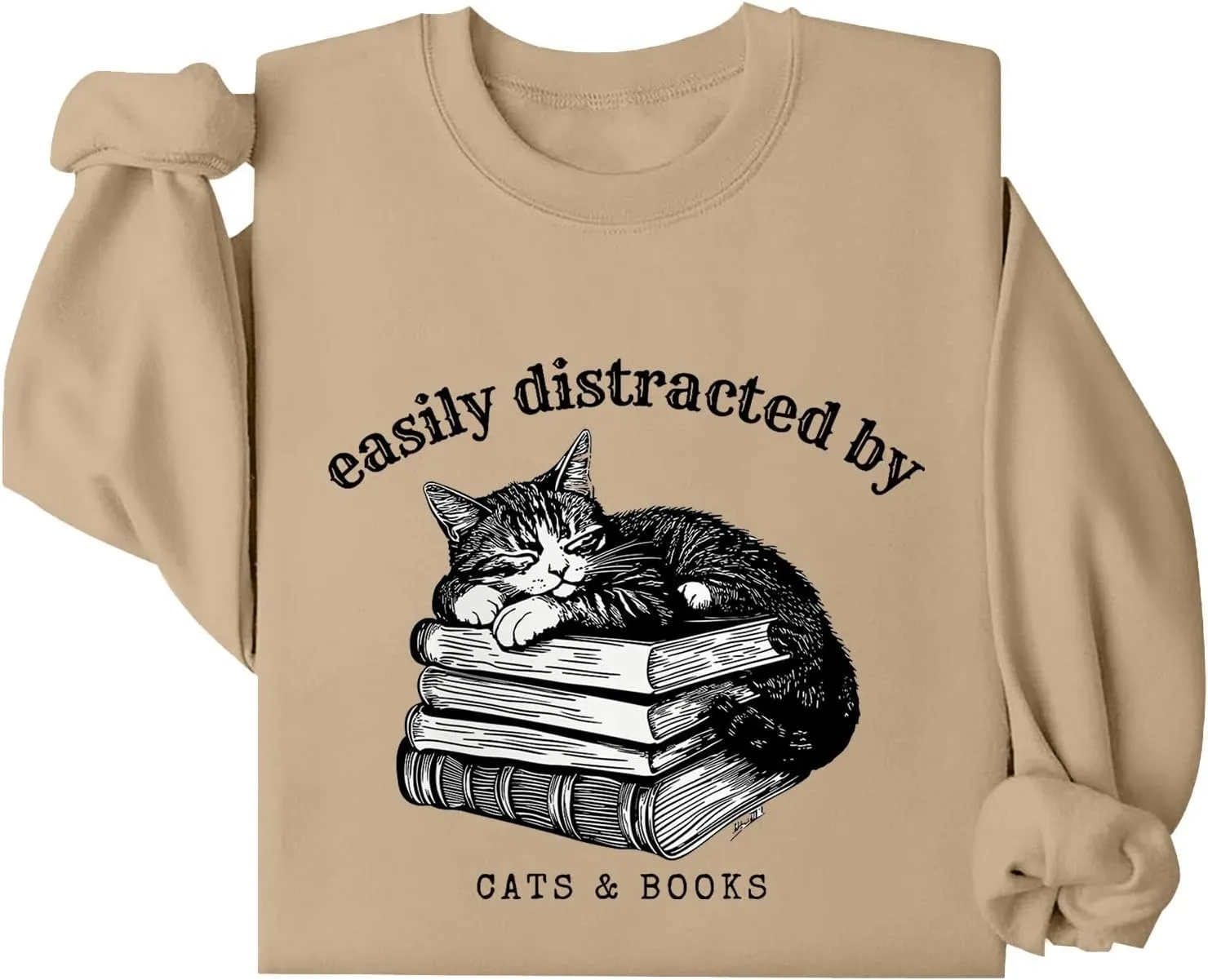 Easily Distracted By Cats And Books Sweatshirt for Women Long Sleeve Crewneck Oversized Pullower 2025 Trendy Tops