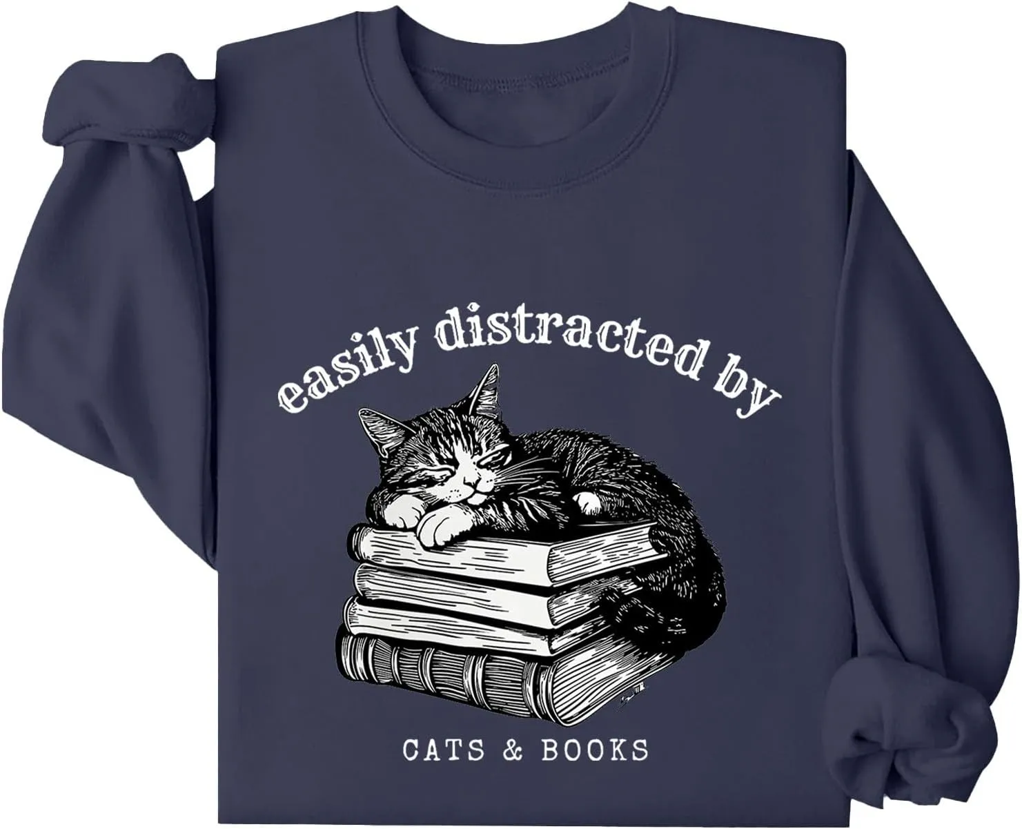 Easily Distracted By Cats And Books Sweatshirt for Women Long Sleeve Crewneck Oversized Pullower 2025 Trendy Tops